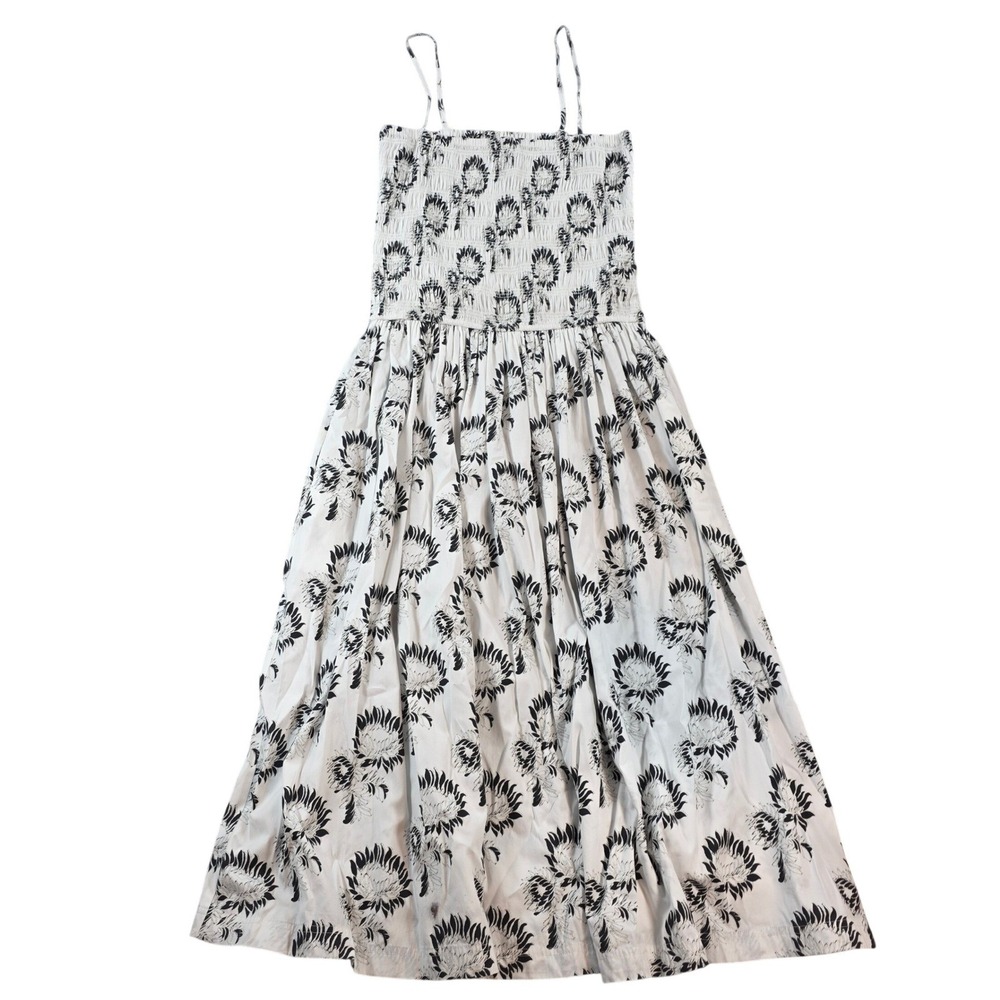 Madewell Women Large White Black Graphic Sunflower Floral Smocked Maxi Dress - Picture 10 of 11